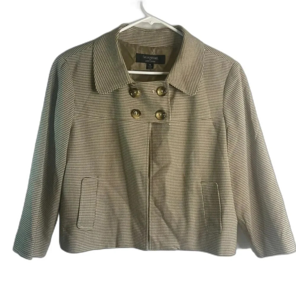 Signature by Larry Levine Cropped Brown Houndstooth Blazer Jacket Size 14